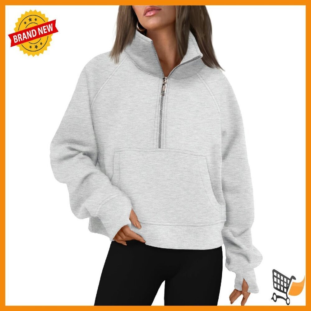 Half Zip Cropped Pullover Fleece Hoodie with Thumb Holes & Pockets